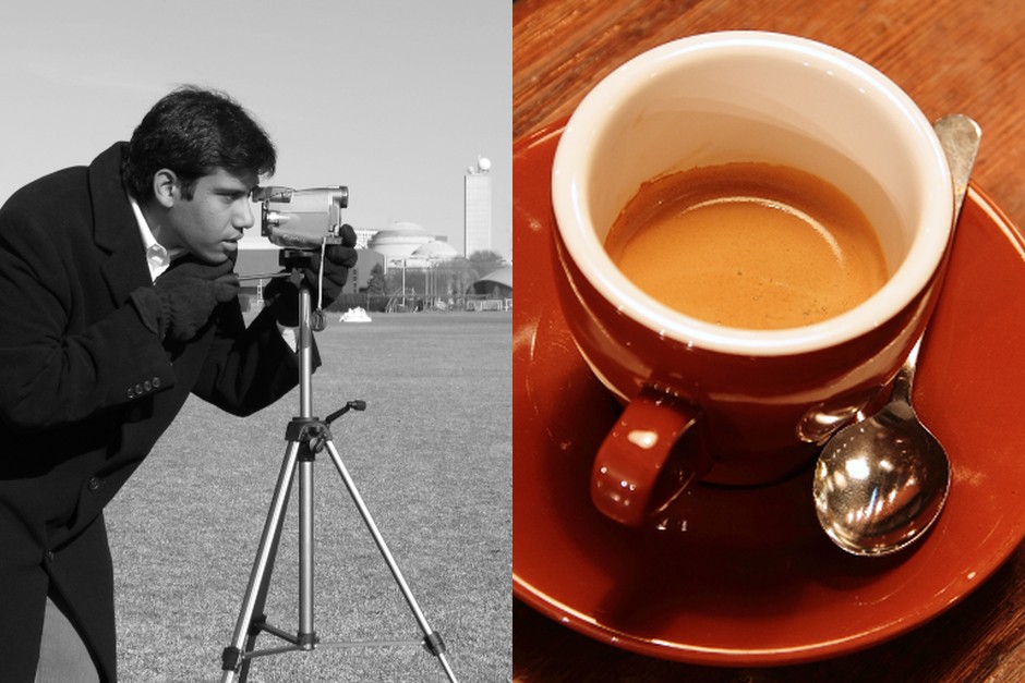 A split editorial image showing a photographer and a cup of coffee, reflecting everyday creative interests.