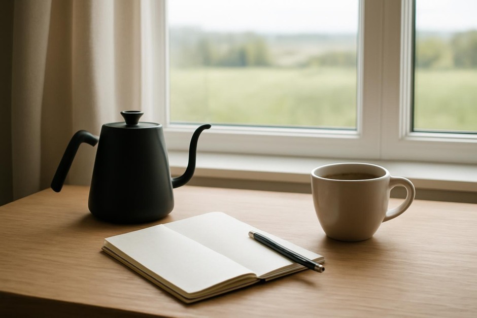 A small table with a kettle, notebook, and cup of coffee beside a window